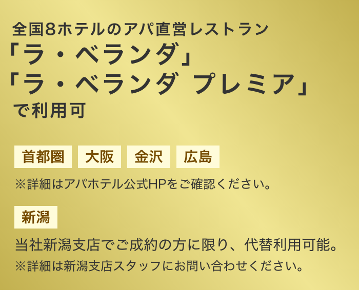 全国8ホテルの直営レストラン「ラ・ベランダ」で利用可